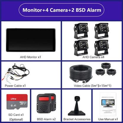 10.36 Inch Screen Car/RV/Bus/Truck AHD Monitor System 1080P Vehicle 4 Channel Camera Night Vision Reversing Parking Recorder