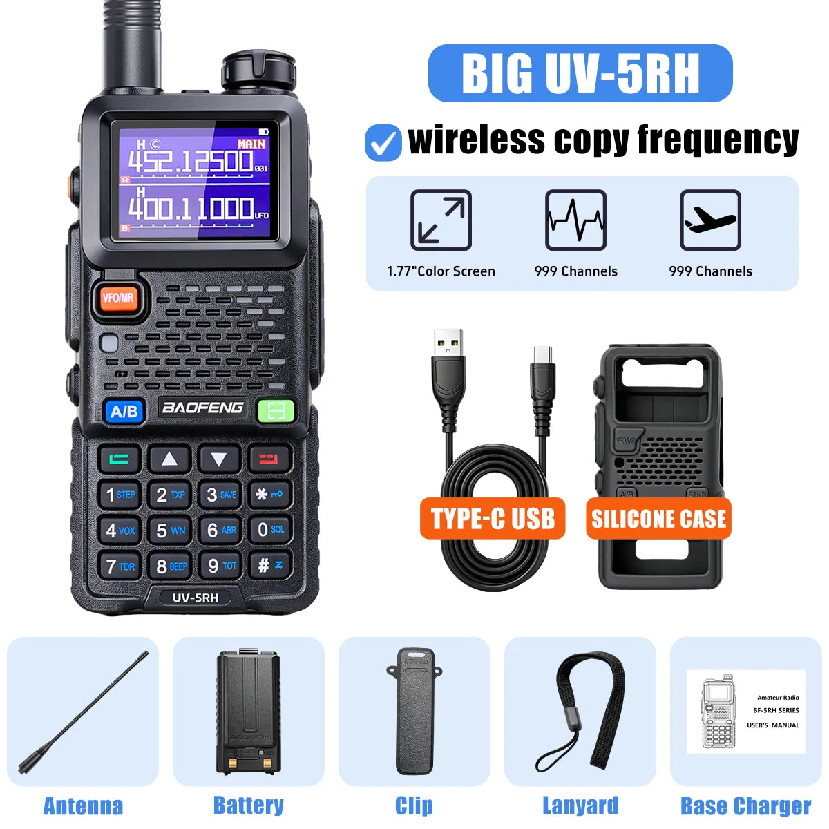 Baofeng UV5RH Walkie-Talkie, NewWireless Copy Model, Type-C NOAA Long Range 999CH, Car-Mounted Handheld Transceiver, Fleet