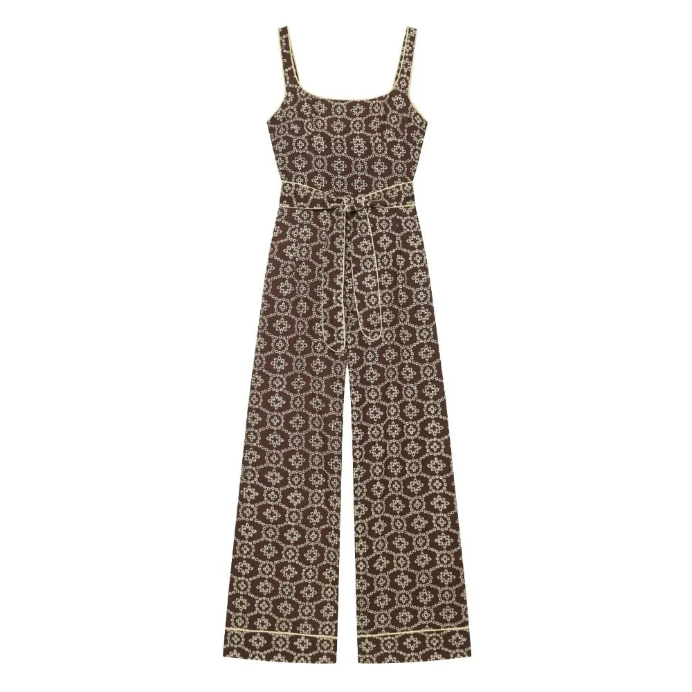 Elegant Embroidered Eyelet Belted Jumpsuits for Women Stylish Round Neck Straight Leg Jumpsuits with Thin Straps and Fabric Belt