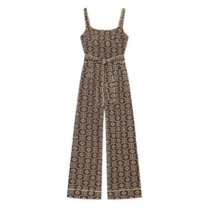 Elegant Embroidered Eyelet Belted Jumpsuits for Women Stylish Round Neck Straight Leg Jumpsuits with Thin Straps and Fabric Belt