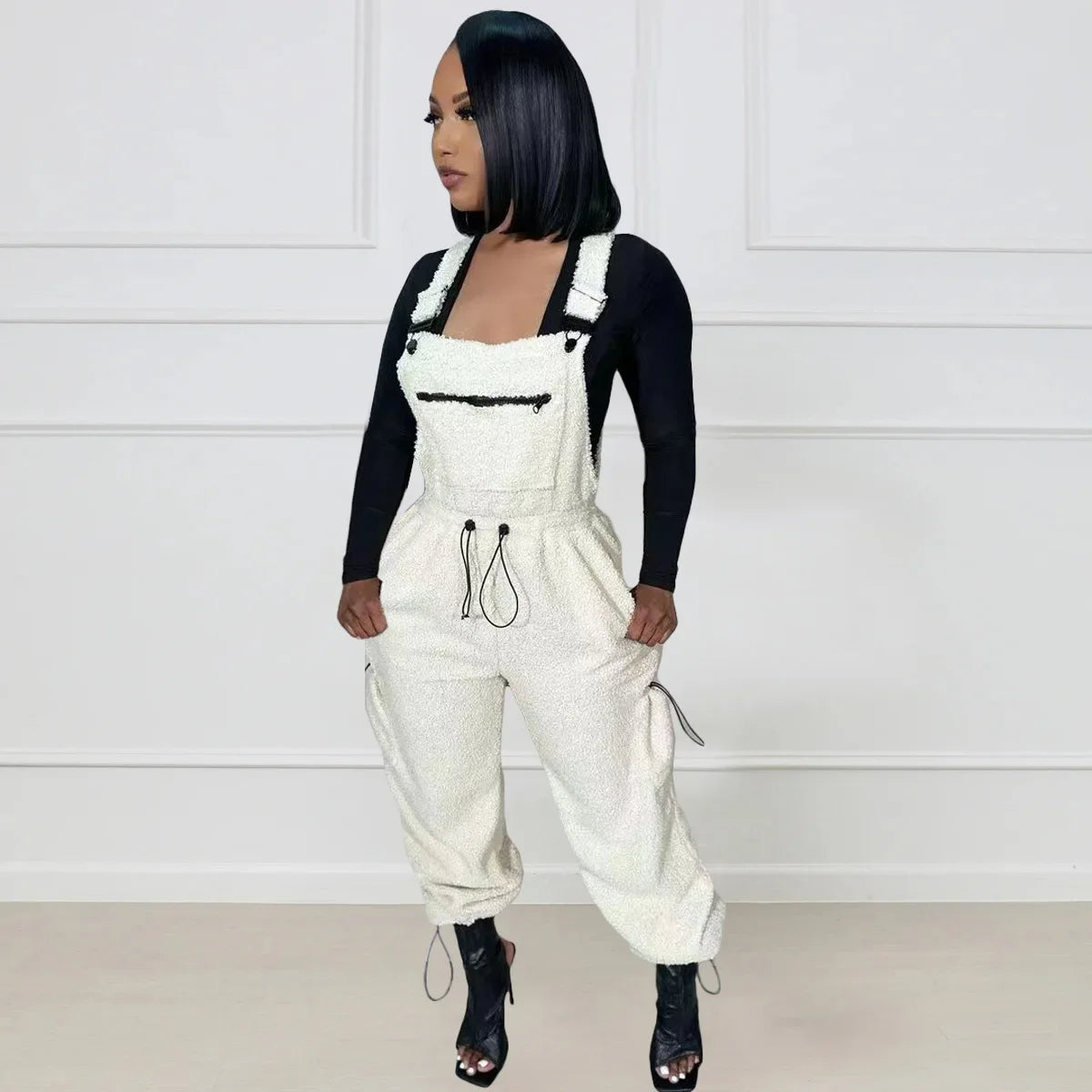 Lace Up Jumpsuit Women One Piece Jumpsuits Fur Rompers High Waist Spring Autumn Pants Mom Overalls Playsuits Elegant Pink