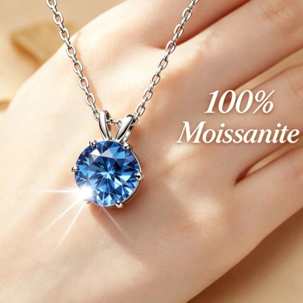 Blue women's moissanite necklace, simple luxury, classic six claw pendant, collarbone chain accessory, hot selling item