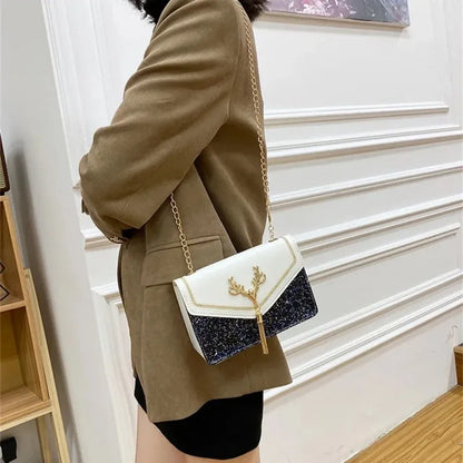 Fashion Women Shoulder Bag Deer Head Decoration Messenger Bags PU Leather Button Underarm Luxury Chain Lady Small Square Handbag