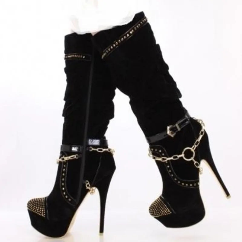 Fashion Gold Chain Strap Studded Knee High Boots Round Toe Black Suede Stretch Fabric Platform Stiletto Heels Boots