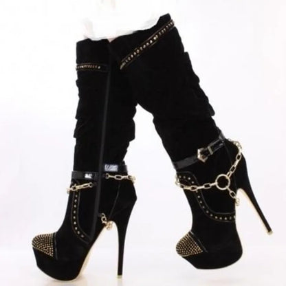Fashion Gold Chain Strap Studded Knee High Boots Round Toe Black Suede Stretch Fabric Platform Stiletto Heels Boots