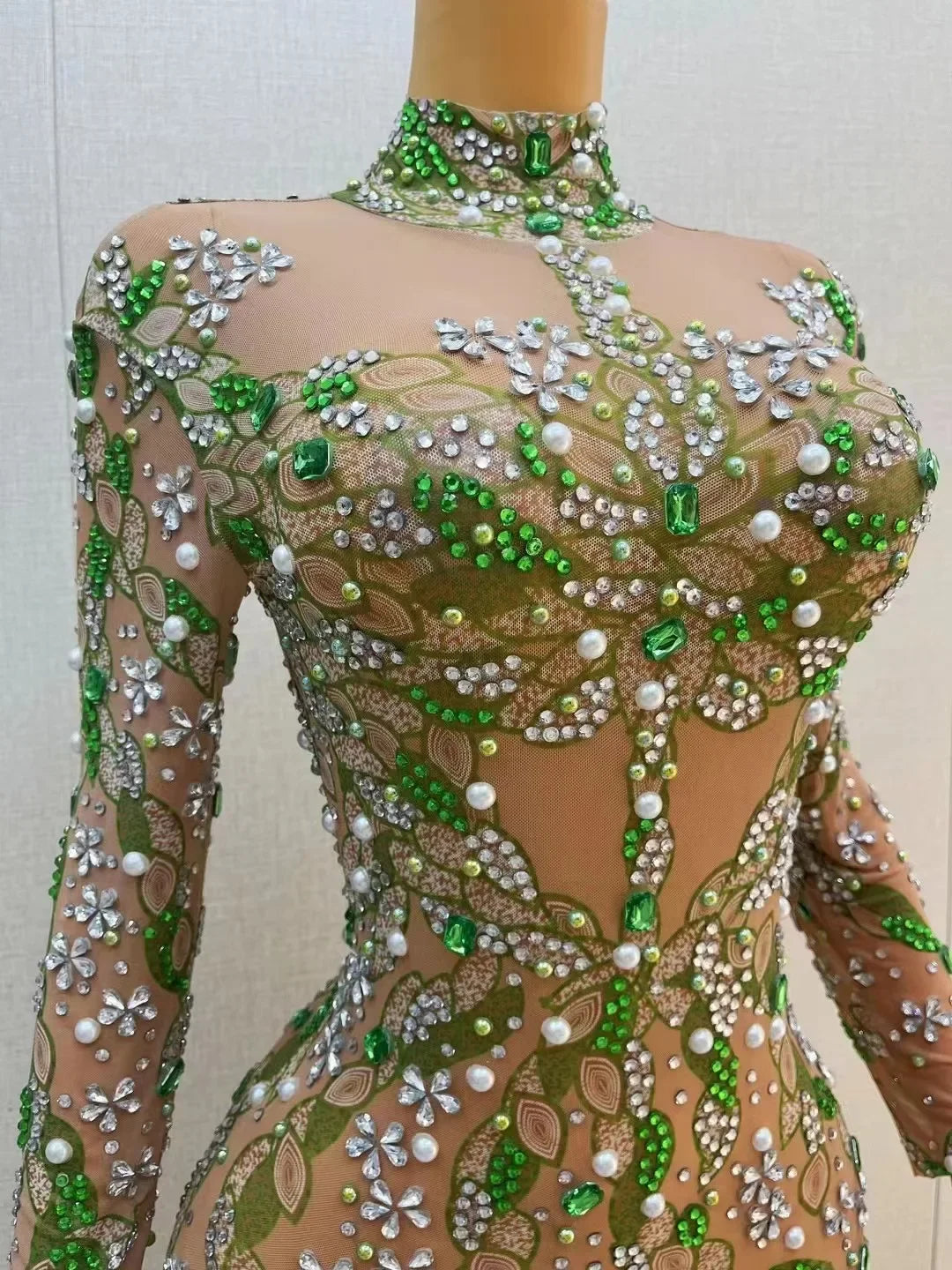 Spring Leaves Green Rhinestones Evening Party Long Dress Singer Celebrity Sexyransparent Sleeveless Model Catwalk Costume