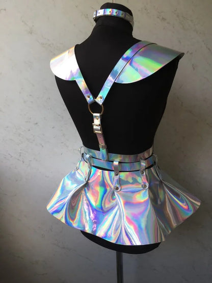 Music Festival Cyberpunk Holographic Colorful Suspender Dress Prom Accessories Belt Cosplay Costume Shiny Carnival Party Skirt
