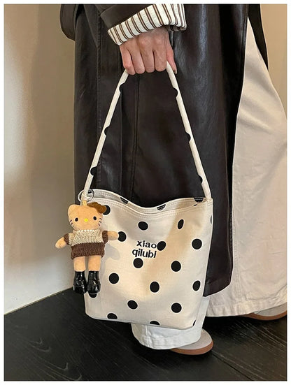 Korean Style Niche Linen Dot Shoulder Bag Women New Fashion Large Capacity Bucket Bag Casual Versatile Commuting Underarm Bag