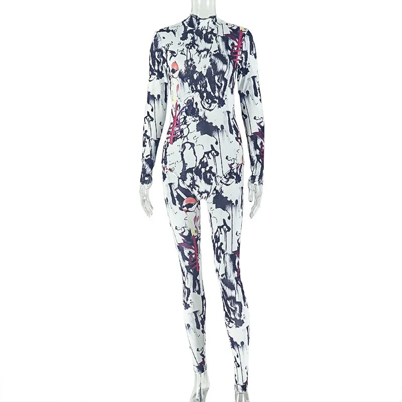 Weird Puss Sexy Colorful print Jumpsuit Women Wild Trend Full Sleeve O-Neck Stretch Skinny Midnight High Street Party Clubwear