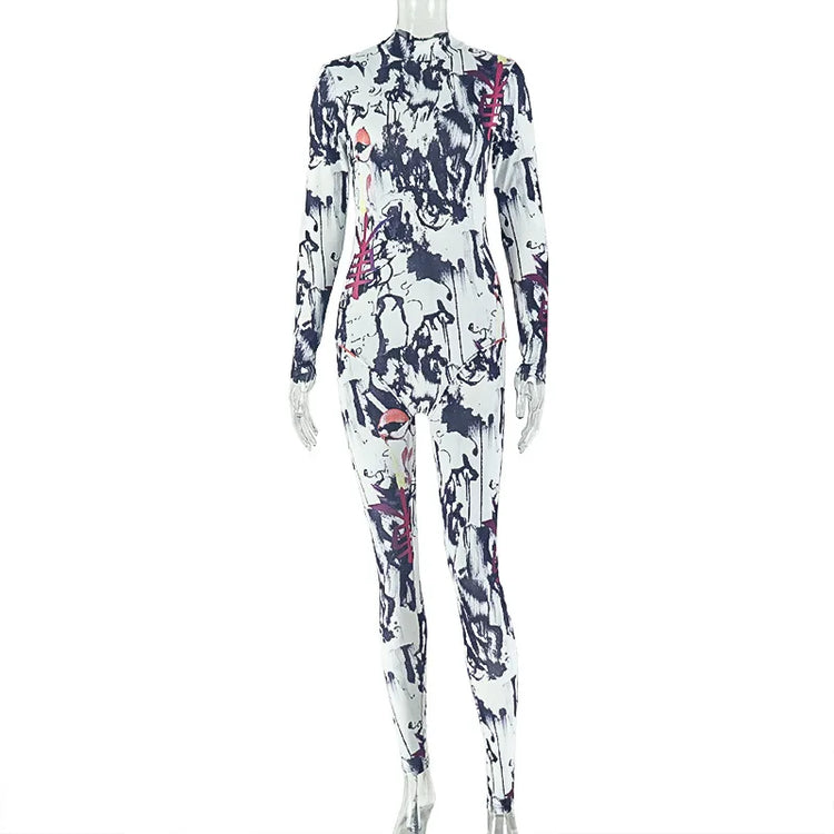 Weird Puss Sexy Colorful print Jumpsuit Women Wild Trend Full Sleeve O-Neck Stretch Skinny Midnight High Street Party Clubwear