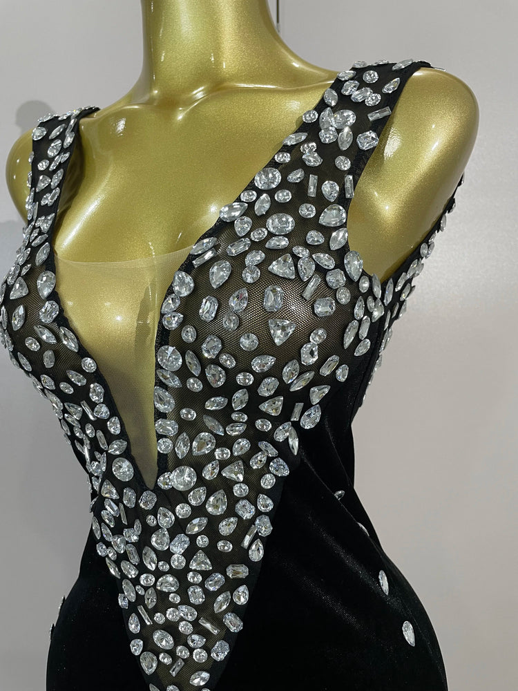 Sexy Sparkly Rhinestones Black Velvet Jumpsuit Women Performance Dance Costume Celebrate Club Luxury Birthday Party Stage Outfit