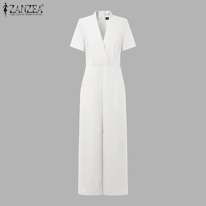 ZANZEA Street Fashion High Waist Jumpsuits Women Workwear Belt Rompers Solid Deep V Neck Elegant Office Lady Long Overalls