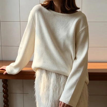 Casual Knitted Sweater Round Neck Open Back Long Sleeves Loose Pullover 2026 Autumn Fashion Daily Versatile Cardigan Top Outfit