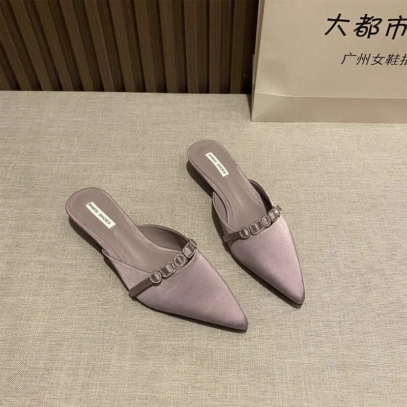 2025 New Luxury Fashion Rhinestones Ladies Heeled Slippers Sandals Shoes Female Low Heel Slides Slippers Shoes for Women Mules