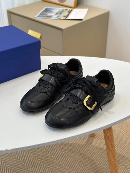 Women Leather Sneakers Gold-tone Buckle Strap