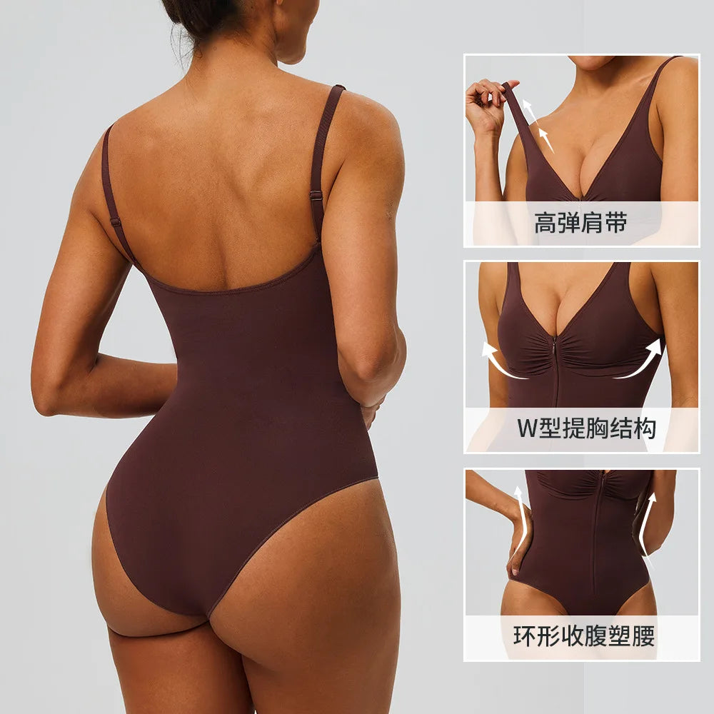 Seamless Bodysuit with Strong Compression Molding Abdominal Compression Underwear Straps Zipper One-Piece Shapewear Yoga Sets