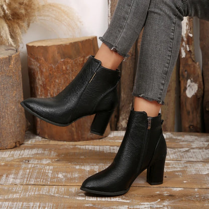 2025 Winter New Women's Fashion Boots with Side Zipper Short Sleeve Elegant Pointed Coarse Heel Women's Shoes