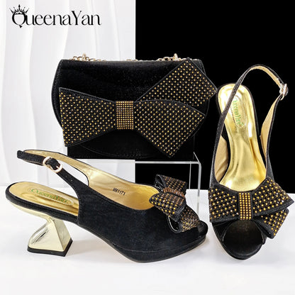 Queena Yan Sky Blue Color Peep Toe High Women Heels Shoes and Bags for Women Rhinestone Evening Party Elegant Luxury Handbag
