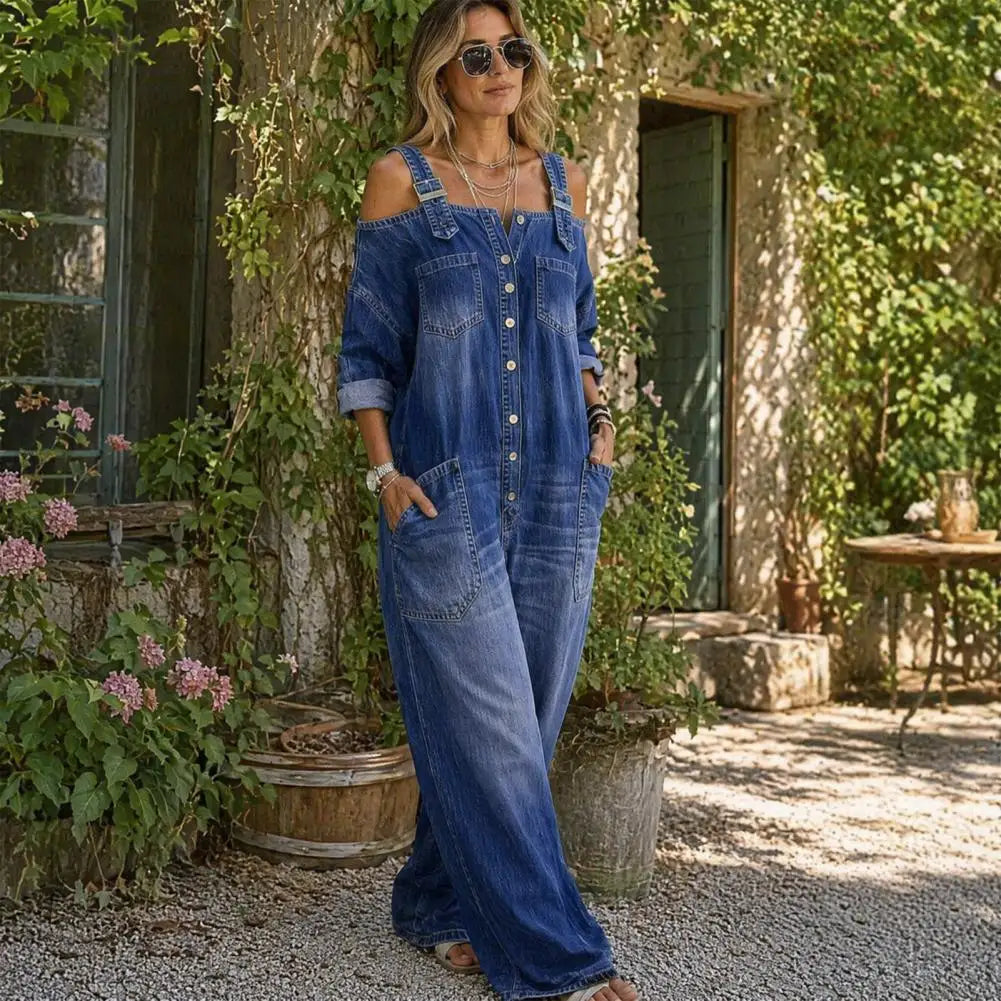 Summer Denim Jumpsuit for Women, Long Sleeve Off Shoulder Loose Bib Overall, Button Down Wide Leg Jeans Romper with Pockets