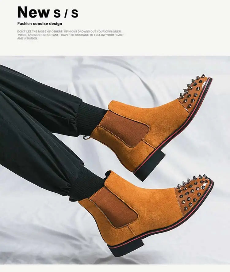New Brown Men Chelsea Boots Flock Rivet Square Toe Red Sole Punk Handmade Men Short Boots  Bottes Pour Hommes