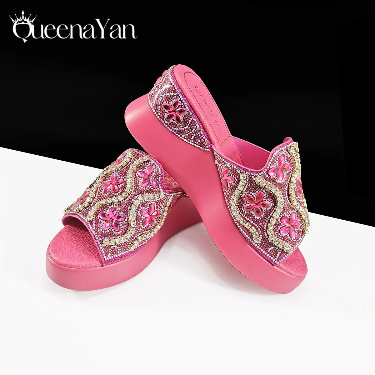 Queena Yan Popularity Open Toe Luxury Fashion Women High Heels Shoes and Bags Set With Rhinestone for Wedding Party Elegant