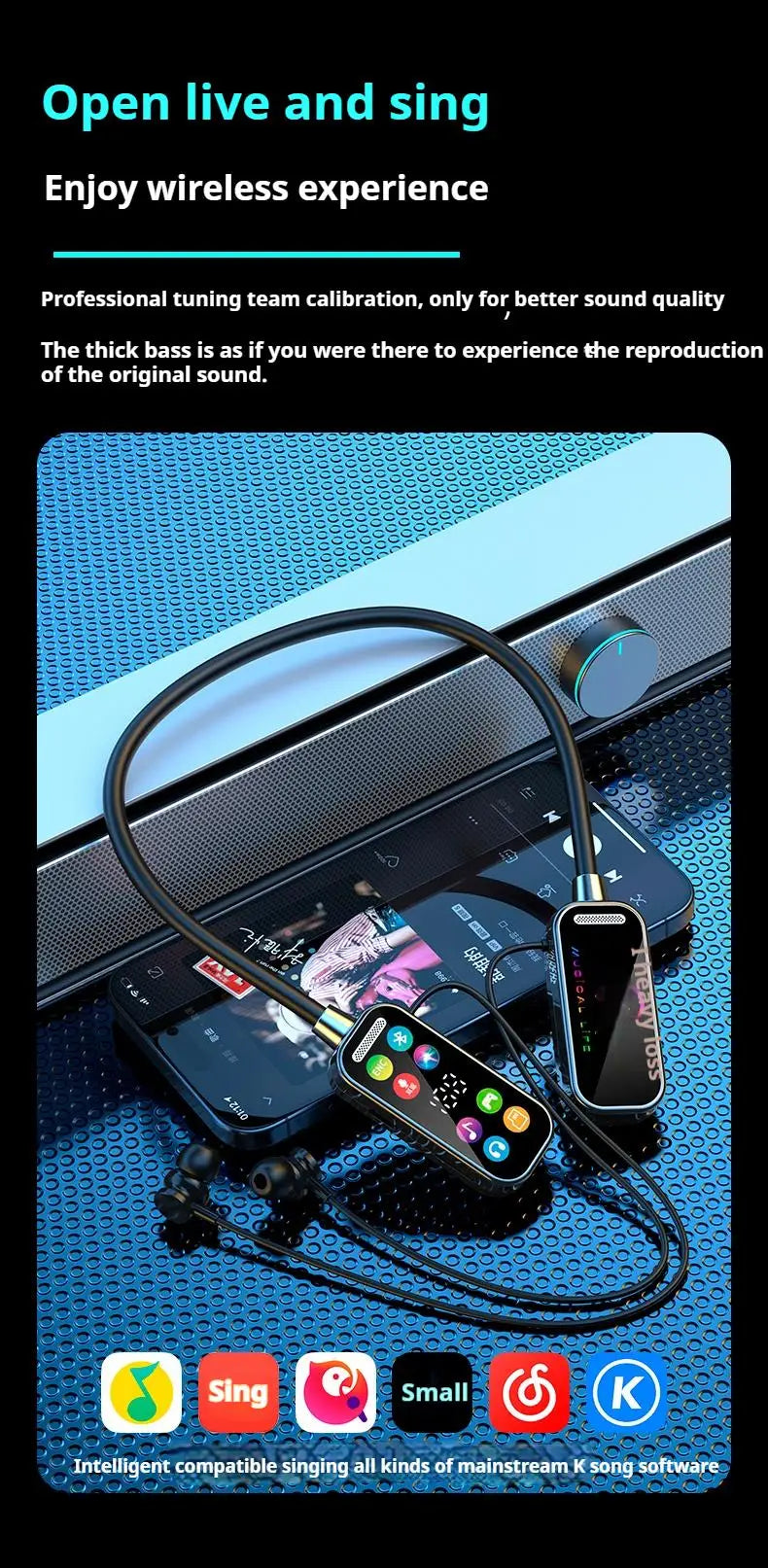 HD Screen 50H Play Time HiFi Sound Bluetooth Earphones with HD Mic Earbuds Wireless Headphones Sports Gamer Neck-hanging Headset