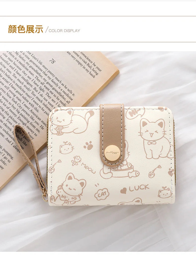 Cute Cat Coin Purse Women Fashion Short Wallet PU Leather Large Capacity Wallet Lightweight ID Card Holder Travel Cash Coin Bag
