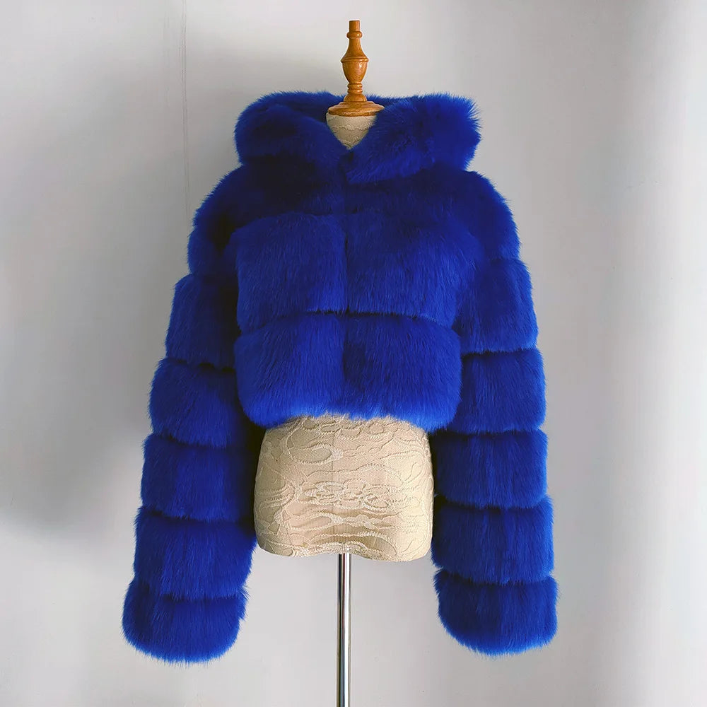 2026 Women Winter Plus Size Faux Fur Croped Coat Female Furry Hooded Long Sleeve Plush Jacket Lady Fake Fur Warm Fluffy Cardigan