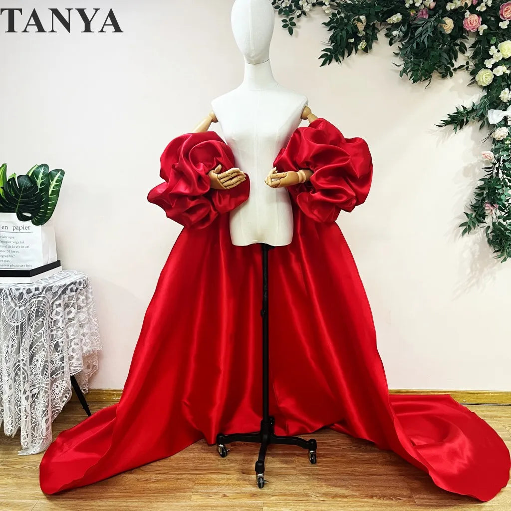 Red  Mikado Satin Long Wedding Cape Puffy Short Sleeves Court Tain Evening Cape Outfit Coat For Women Costume DJ199