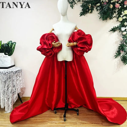 Red  Mikado Satin Long Wedding Cape Puffy Short Sleeves Court Tain Evening Cape Outfit Coat For Women Costume DJ199