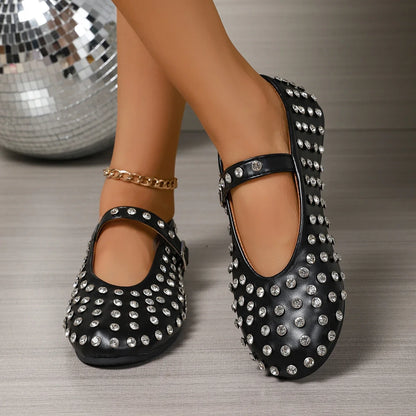 Women's Flat Dress Shoes Bottom Mary Jane Water Diamond Casual Dancing Shoes Genuine Leather Single Shoes Luxury Ballet Flats
