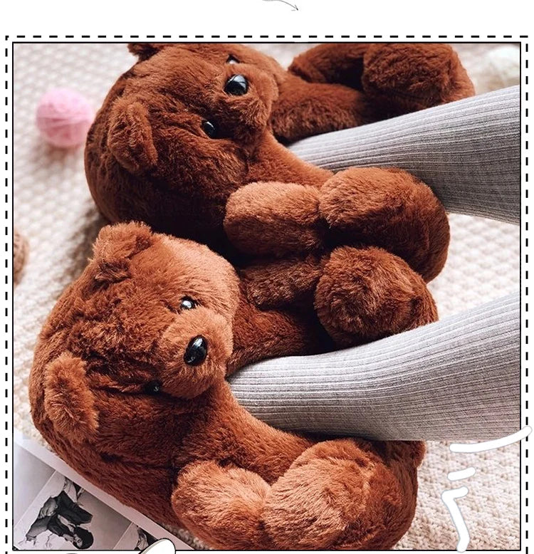 Cute Teddy Bear Plush Winter Slippers, Wrapped Heel Funny Indoor Floor Shoes, Women Gift, Warm Soft Cartoon Fluffy Animal Slippe