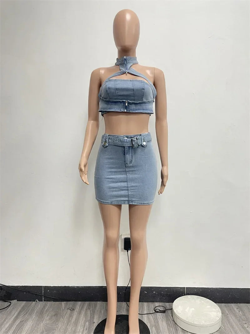 Sexy Denim Two Piece Set Women Y2K Clothes Zipper Halter Hollow Out Backless Crop Top and Mini Skirt Club Party Matching Sets