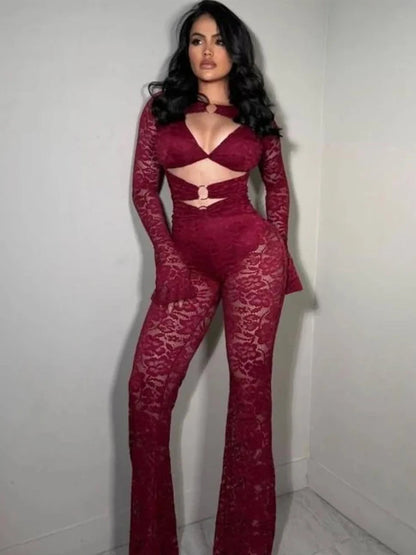 Nibber See Through Jumpsuits Woman Metal Rings Patchwork Hollow Design Sexy Full Sleeve Midnight Club Party Wild Style Overalls