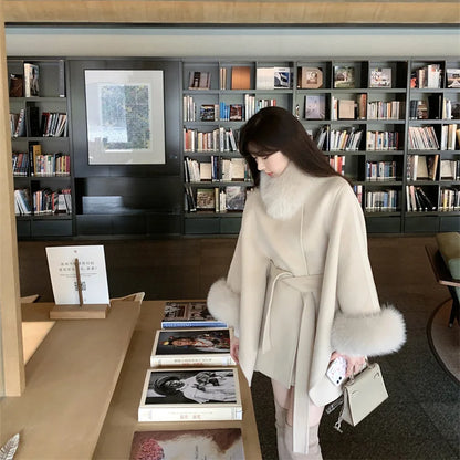 Real Fox Fur Overcoat Bat Sleeves Collar Woolen Coat Luxury Cashmere Poncho Blend Women Autumn Winter New Long Ribbon Cloak