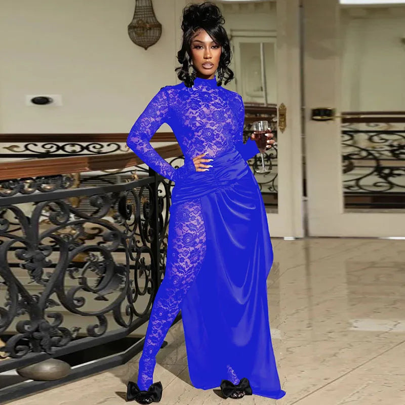 Sexy See Through Floral Lace Jumpsuits with Overlay Skirt Women Nightclub Party Skinny Stretchy One Piece Romper Club Overalls