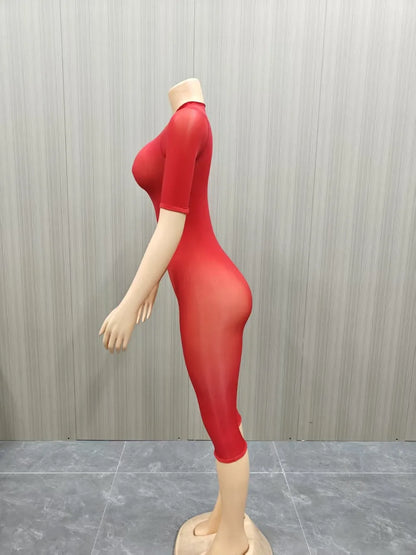 FLARORA Sexy Mesh See Through Rompers Woman Trend O Neck Short Sleeve Skinny Peach Hip Playsuits Stretch Midnight Party Clubwear