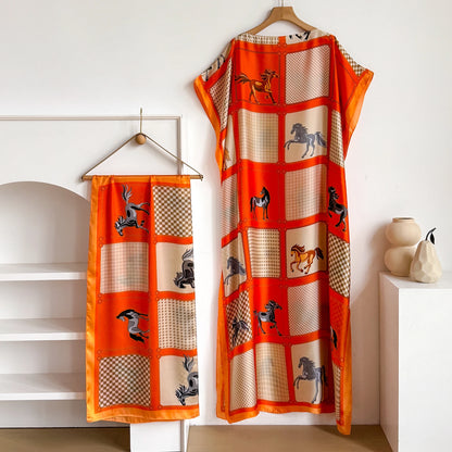 Elegant Printed Silk Muslim Lady Kaftan Dress Summer New Fashion African Long Hijab Kuwait Abaya Oversize for Women 2026
