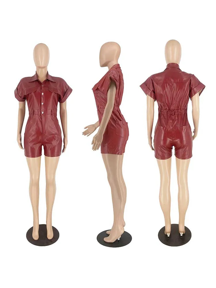 Youthful Woman Clothes Elastic Waist Summer Jumpsuits Leather Sexy Casual Jumpsuits and Rompers Shorts Wholesale Dropshipping