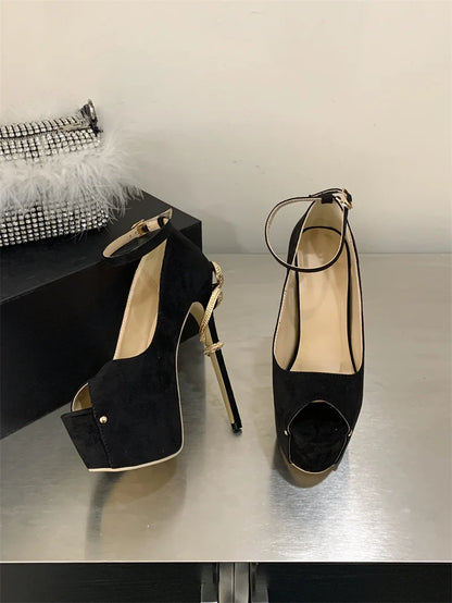 Liyke Sexy Metal Snake Shape Thin Heeled Sandals Women Peep Toe Buckle Strap Platform High Heels Party Stripper Shoes Size 35-42
