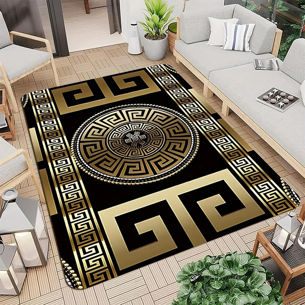 Retro Black&Gold Greek Key Floor Mat,Non-Slip HD Geometric Print, Washable Welcome Rug for Entryway,Living Room,Bathroom & More