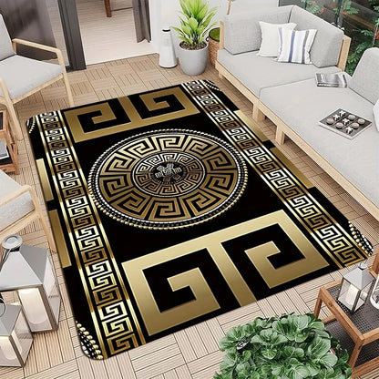 Retro Black&Gold Greek Key Floor Mat,Non-Slip HD Geometric Print, Washable Welcome Rug for Entryway,Living Room,Bathroom & More