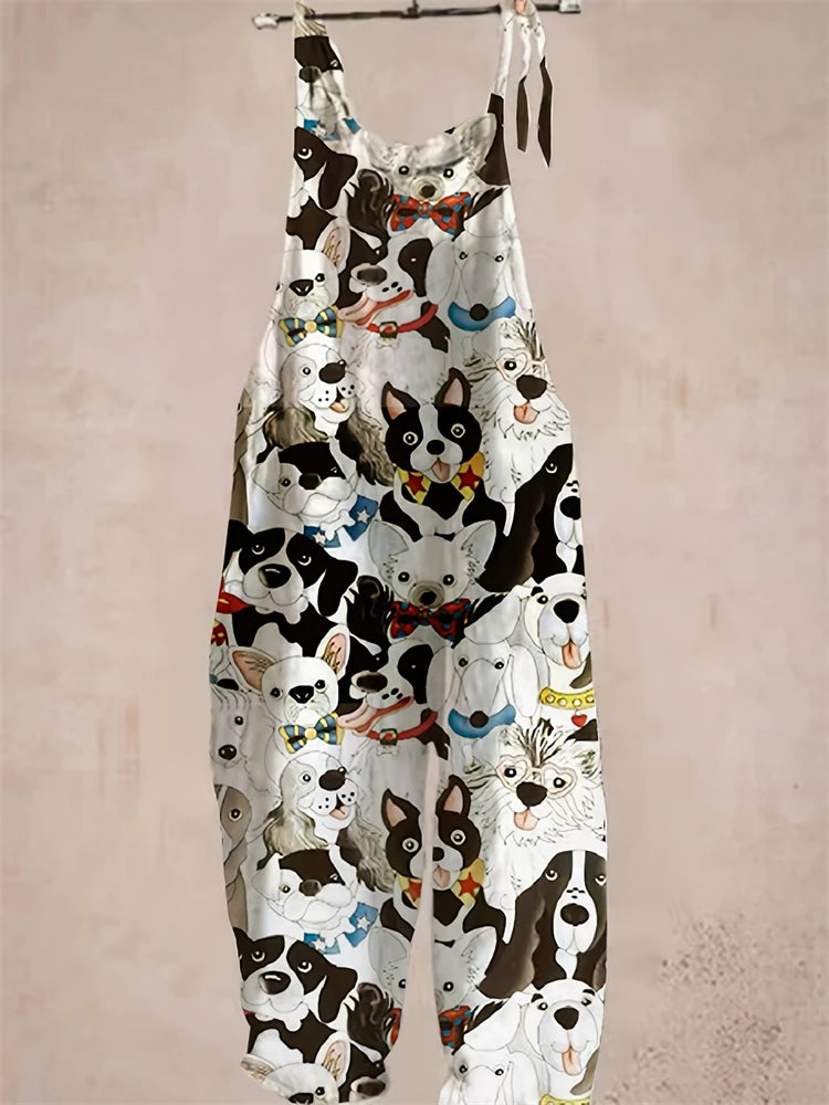 New Summer Women's Jumpsuit Cartoon Dog Print Fashion Cute Casual Jumpsuit Women's Parent-Child Outdoor Travel Lace-Up Jumpsuit