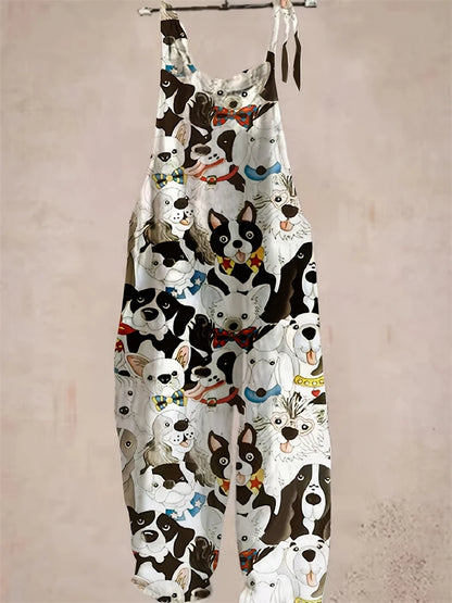 New Summer Women's Jumpsuit Cartoon Dog Print Fashion Cute Casual Jumpsuit Women's Parent-Child Outdoor Travel Lace-Up Jumpsuit
