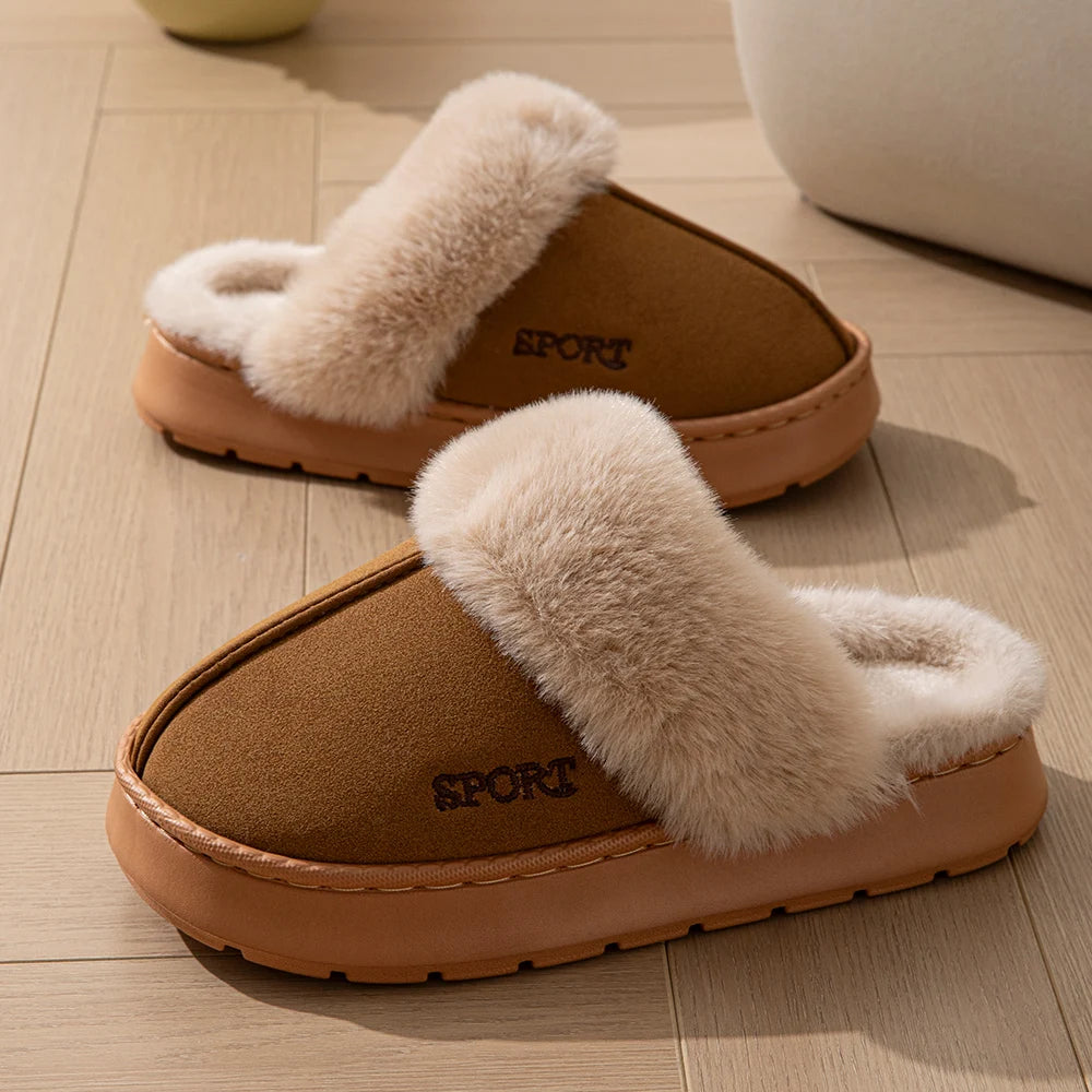 Women Winter Slippers Faux Fur Collar Warm Comfort Non-slip Thick Sole Couple Indoor and Outdoor Snow Boots Home Casual Shoes