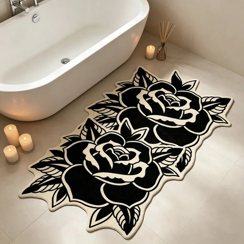 Fashion Retro Black White Rose-Shaped Living Room Carpet Light Luxury Bedroom Bedside Rug Soft Comfortable Floor Mat Home Decor