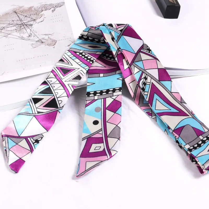 Women Print Flower Small Scarf Handle Bag Ribbons Fashion Head Scarf Small Long Skinny Scarves Headbands Tie Accessories