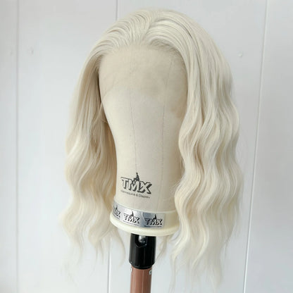Short 60 Blonde Curly Wavy Synthetic Lace Front Bob Wigs for Women Pre Plucked Hairline Platinum White Deep Wave Daily Party Use
