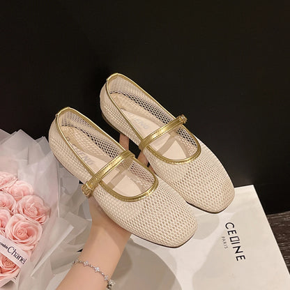 Women Luxury Sandals Flats Shallow Beach Comfort Retro Female Mary Jane Fishing Net Ballet Shoes Women's Soft Bottom Flat Hollow