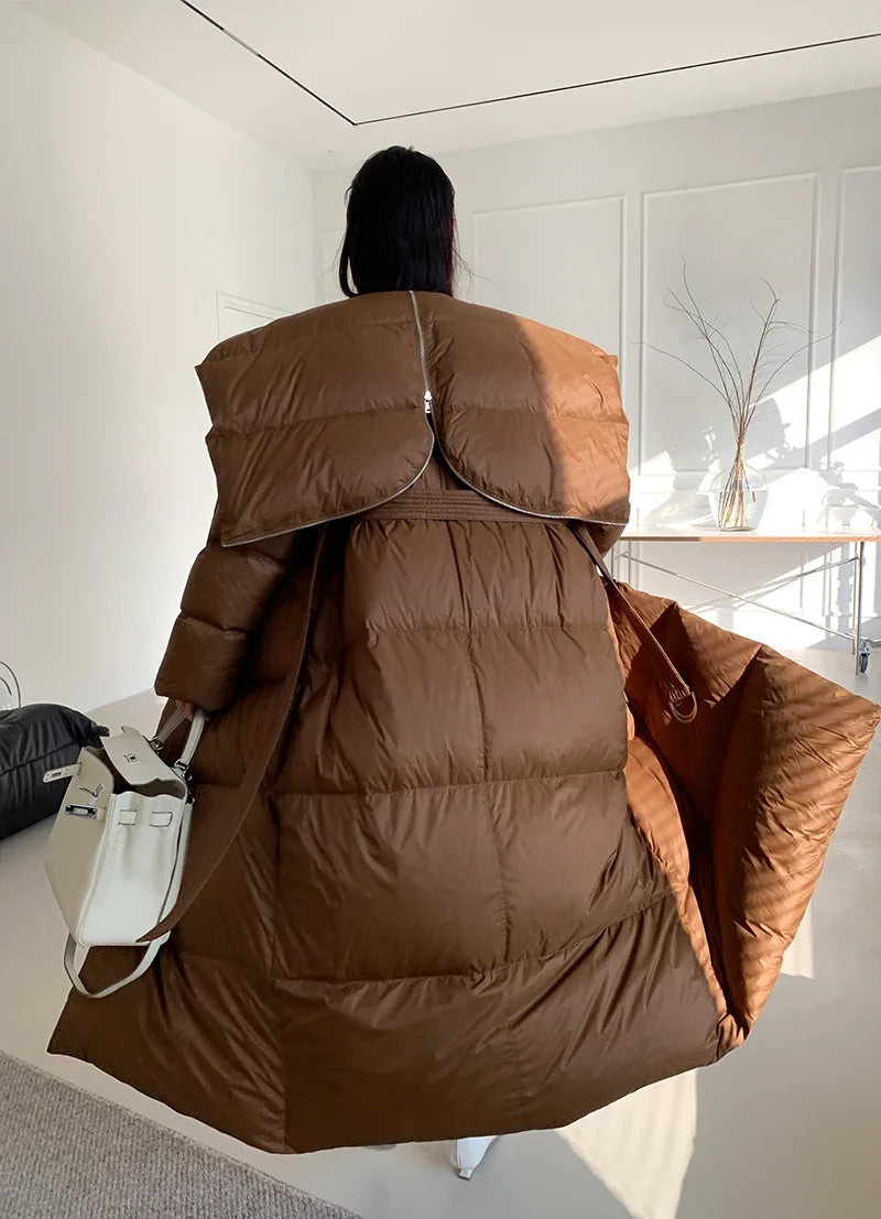 High end Ultra long White goose down Jacket For women Winter 2025 New Fashion Down Coat Female Thicken Parka Overcoat with belt